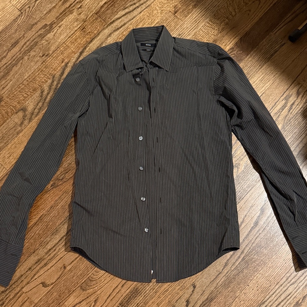 BOSS Hugo Boss Men's Brown Long Sleeve Pinstripe Button-Down Shirt